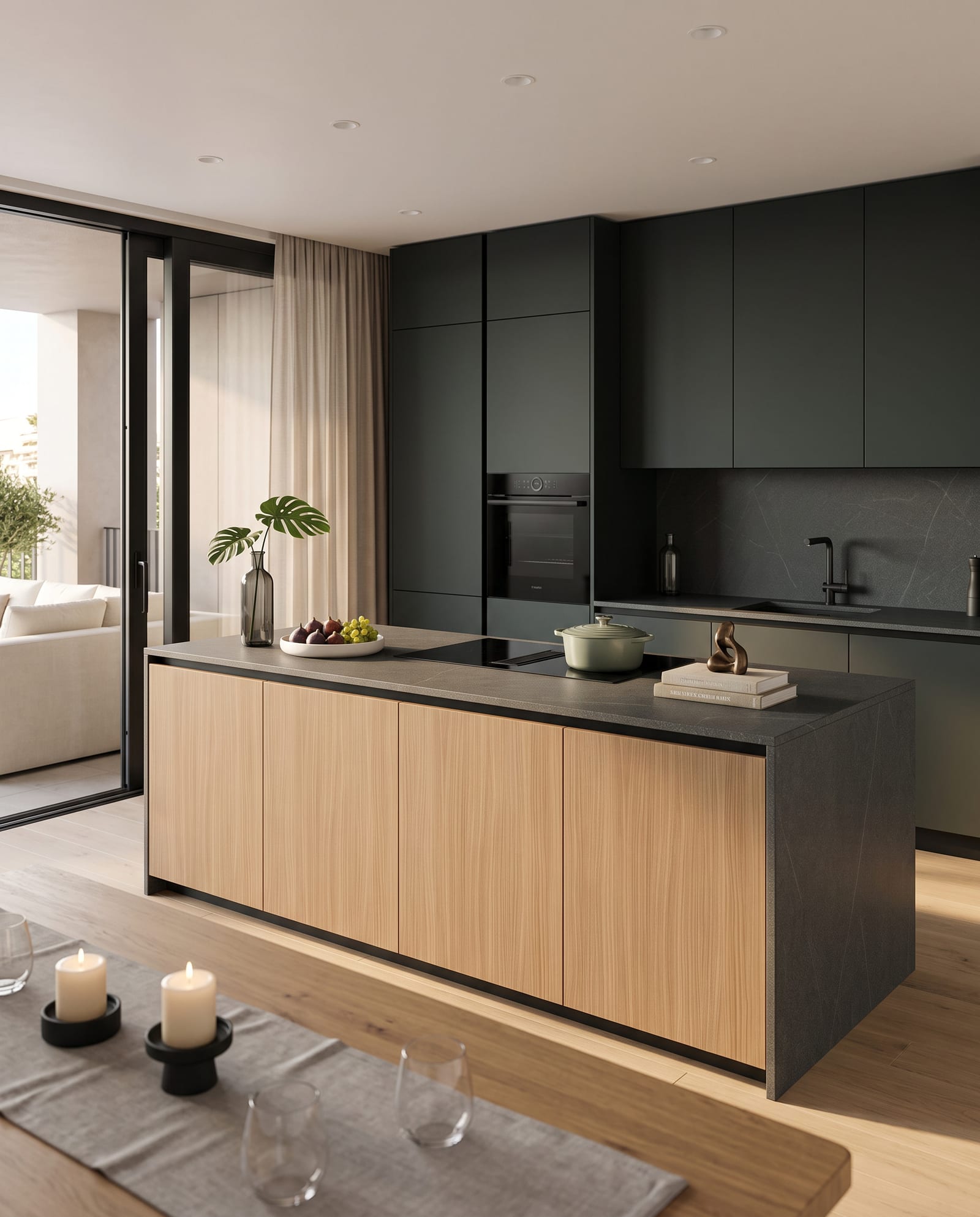 Gacaferi 1957 custom kitchen — deep green cabinetry with a Euronoce oak island and a dark worktop
